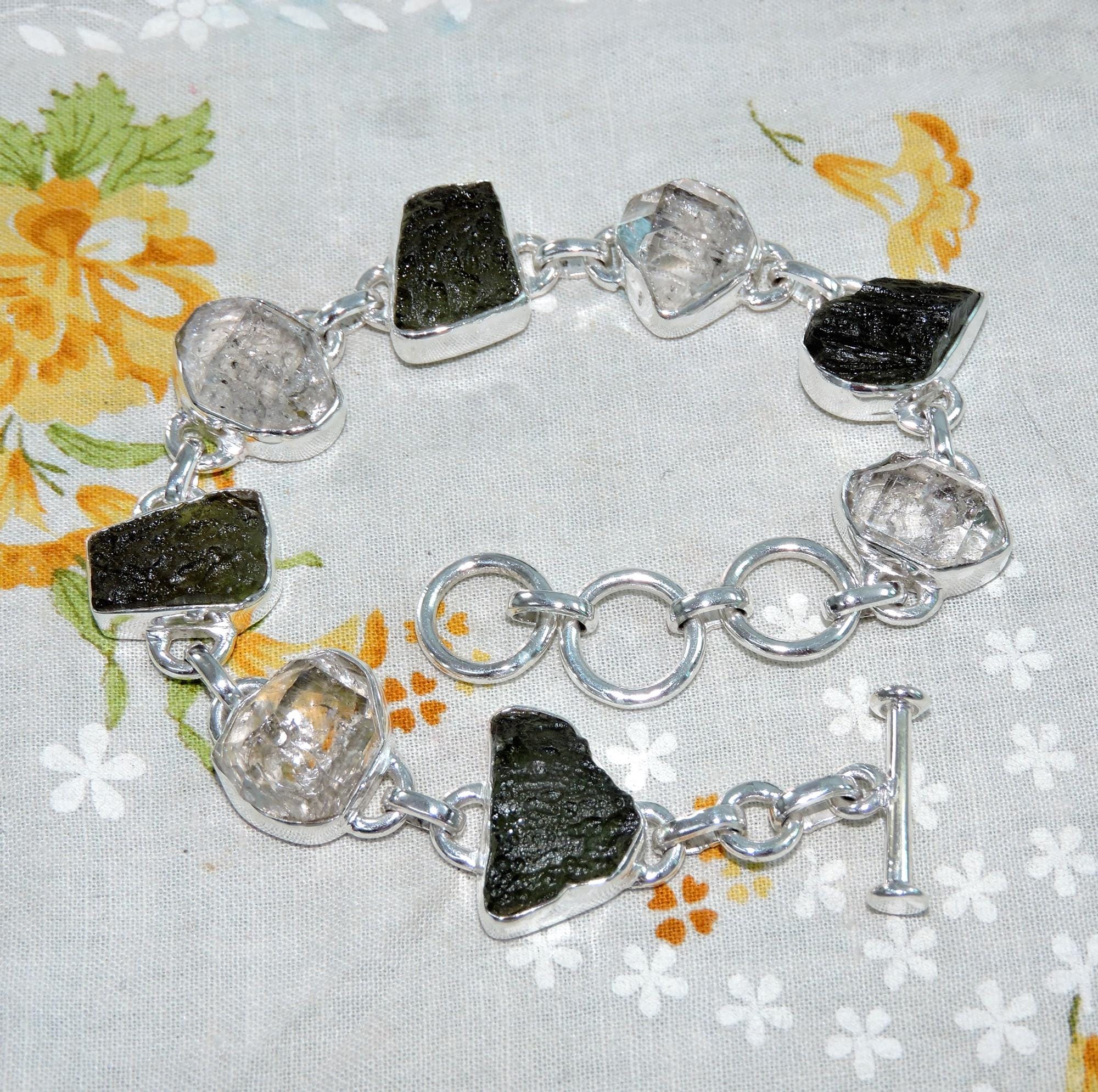 モルダバイトハーキマースターリングシルバーブレスレット：原石の調節