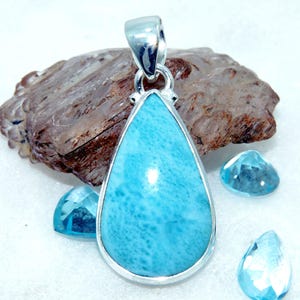 Teardrop Larimar Pendant: Handmade 925 Sterling Silver, Dominican Gemstone