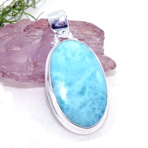 Handmade Oval Larimar Pendant: 925 Sterling Silver Gemstone Jewelry
