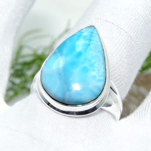 Teardrop Larimar Ring: Sterling Silver Solid Band, Size 9