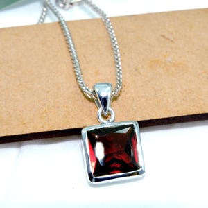 Red Garnet Sterling Silver Pendant: January Birthstone, Square Cut