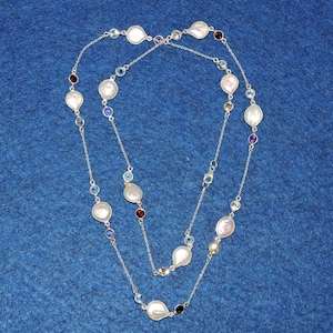 Pearl & Multi Gemstone Sterling Silver Necklace: Handmade Bezel Design