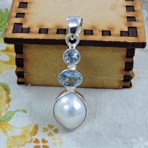 Handmade Sterling Silver Pearl Blue Topaz Boho Pendant