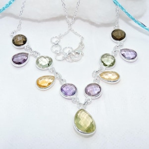 Citrine Amethyst Gemstone Necklace: Sterling Silver Bezel Design Multi Cut Necklace