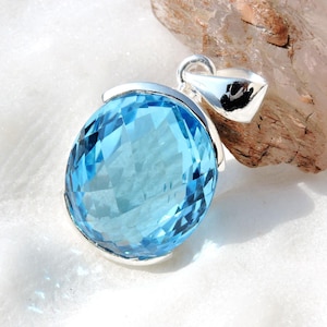Blue Topaz Sterling Silver Pendant: Handmade Oval Gemstone Necklace