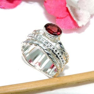 Handmade Garnet Spinner Ring: Sterling Silver Meditation Band, Size 8