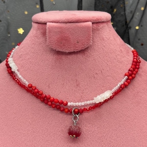 Red Currant Ice: Delicate Coral, Red Spinel & Moonstone Necklace with Frosted Red Currant Berry Charm
