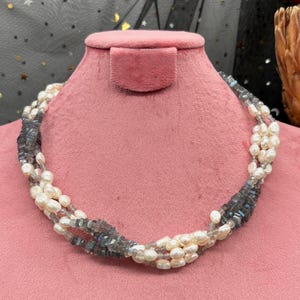 Fiat Lux: White Baroque Pearl and Labradorite Braided Multi-Row Necklace