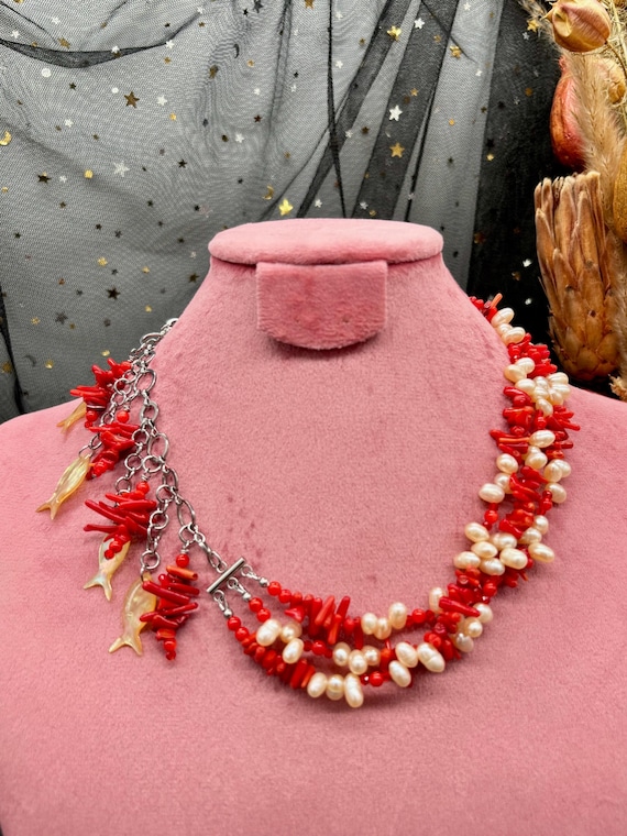 Collier De Perles Baroques Organiques Avec Perles Corail Rouge Et Spinelle - Neuf Avec étiquette