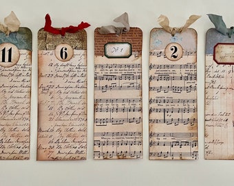 Set of 5 Handmade Vintage Style Tall Skinny Tags with Seam Binding for Journals, Gift Tags and More