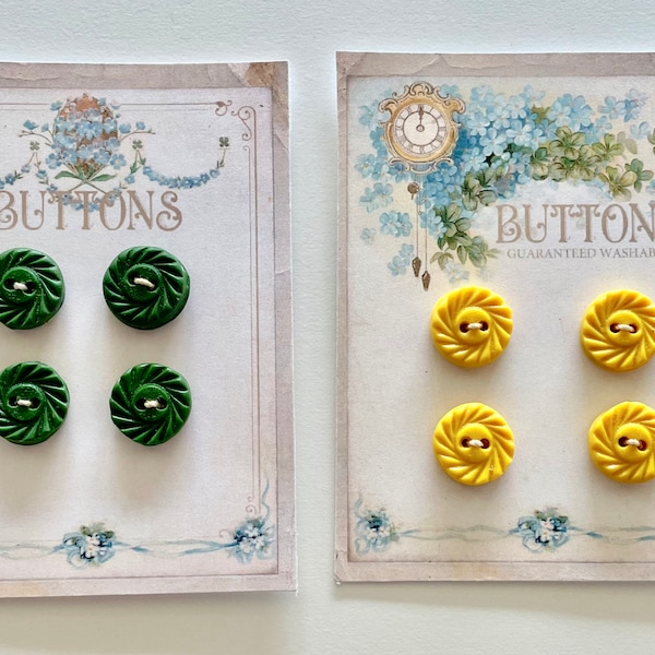 ON SALE!   2 Sets of Handmade Vintage Style Polymer Clay Buttons in Green and Yellow for Journals, Card Making, Tag Making and More