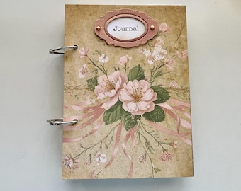 Handmade Feminine Vintage Style Hard Cover Journal with Handmade Pockets, Ephemera and More