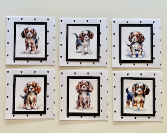 Set of 6 Handmade Sweet Cavalier King Charles Spaniel Puppies Mini Note Cards with Envelopes