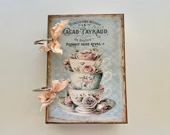 Handmade Vintage Style  Feminine Journal with Handmade Pockets, Coffee Dyed Papers, Ephemera and Much More