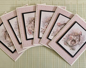 ON SALE!    Set of 6 Handmade Sweet Pastel  Birds Cards with Envelopes for Journals,  Greeting Cards, Scrapbook Cards and More