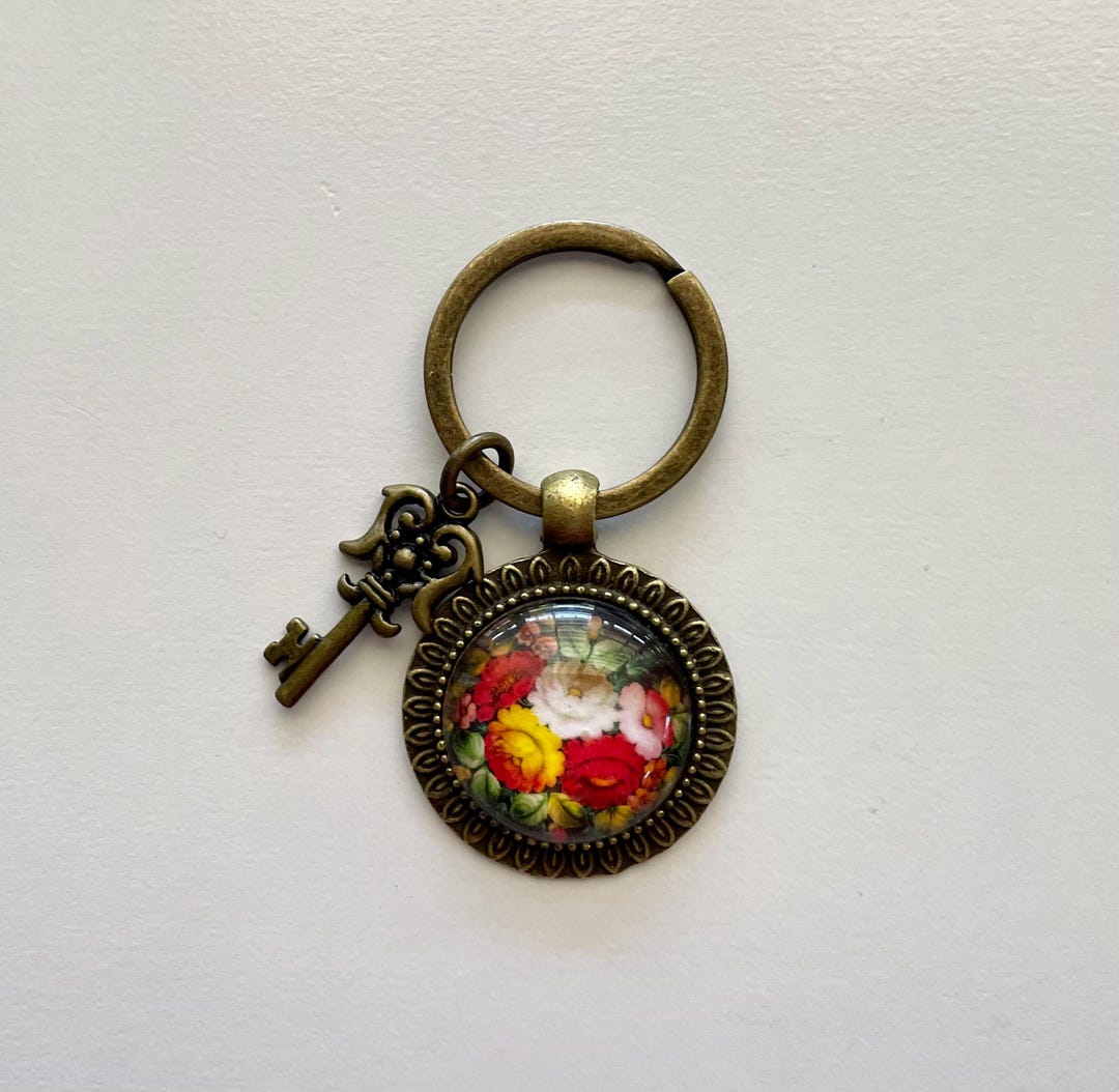 Amazing Glass Key Rings ON SALE! Handmade Brass and Glass Floral Key Ring With Charm - Etsy
