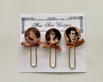 Set of 3 Handmade Vintage Style Women Altered Paper Clips for Journals, Planners, Office Work and More