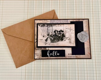 Handmade Vinage Style Altered, Layered Kraft HELLO Greeting Card with Envelope