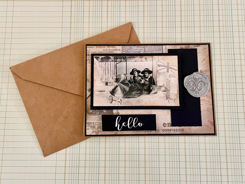 Handmade Vinage Style Altered, Layered Kraft HELLO Greeting Card with Envelope image 1