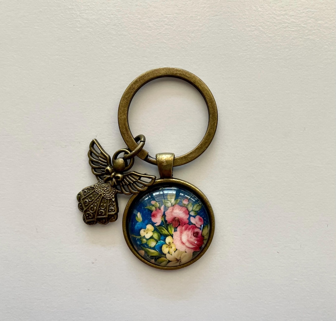 Amazing Glass Key Rings ON SALE! Handmade Vintage Style Brass and Glass Floral Key Ring With ...