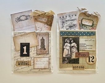 Set of 2 Handmade Vintage Style Altered Self Adhesive Library Pockets with Ephemera for Journals and More