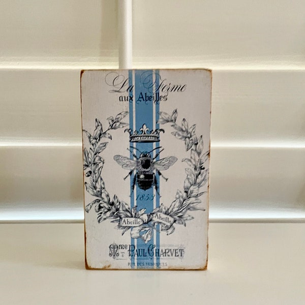 Handmade Vintage French Style Queen Bee Wood Block Shelf Sitter or Hanging Sign for Home Decor