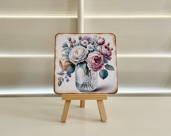 Sweet Vintage Style Jar of Peonies Wood Plaque with Easel for Desktop Art