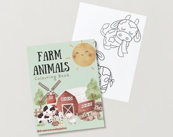 May include: A green and white coloring book with the title "FARM ANIMALS Coloring Book" and a cute illustration of farm animals, including a cow, a pig, a chicken, and a sheep. The book also features a windmill and a red barn.