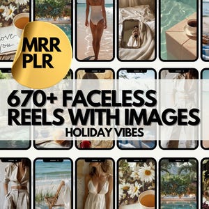 Op de afbeelding: Een verzameling van meer dan 670 gezichtsloze afbeeldingen voor social media reels, met een vakantie-thema. De afbeeldingen bevatten een verscheidenheid aan scènes, zoals stranden, zwembaden en tropische landschappen. De afbeeldingen zijn perfect om boeiende en visueel aantrekkelijke reels te maken.