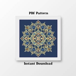 May include: A framed digital cross-stitch pattern with a symmetrical, geometric design in shades of blue, gold, and red on a navy blue background. The text "PDF Pattern" and "Instant Download" are displayed.