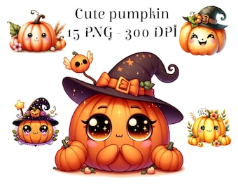 Urocza dynia na Halloween, clipart PNG, 15 akwarelowych dyni, clipart Kawaii Halloween PNG, jesienny clipart, do użytku komercyjnego, natychmiastowe pobieranie