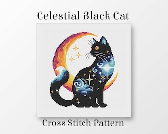 Black Cat Cross Stitch Pattern PDF, Moon Cat Embroidery Design, Celestial Cat Cross Stitch, Witchy Decor, Mystical Halloween Pattern