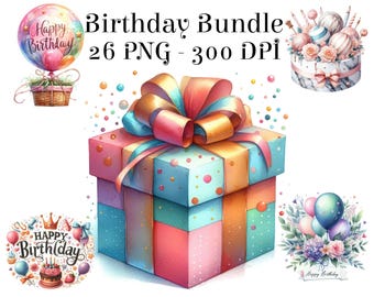 Birthday Clipart Bundle, Watercolor Birthday PNG, Balloons, Cake, Gifts, Party Decorations, Birthday Invitation Graphics, Commercial Use