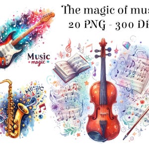 Magic of Music Clipart, Musical Symbols, Musical Instruments, Guitar, Violin, Piano, Watercolor Musical Instruments, Musical Illustrations