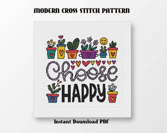 Wählen Sie Happy Kreuzstich Stickmuster, Minimalistisches Stickbild, moderne Wand Kunst, PDF Download, positive Geschenkidee
