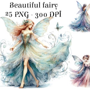 25 PNG, Hermoso conjunto de imágenes prediseñadas de hadas, Imágenes prediseñadas mágicas, Imágenes prediseñadas de acuarela de hadas hermosas, Hermosas imágenes prediseñadas de hadas, Vestido de hadas, Amuleto de hadas
