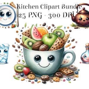 May include: A watercolor illustration of a kitchen-themed clipart bundle. The image features a smiling teacup overflowing with fruit and nuts, a teapot, a glass of water, a plate, and a bottle. The text "Kitchen Clipart Bundle 25 PNG - 300 DPI" is at the top.