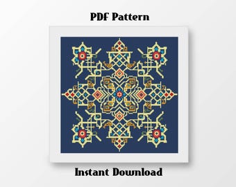 Patrón de punto de cruz geométrico islámico en PDF, patrón de bordado mandala, ornamento arabesco, decoración marroquí, descarga instantánea.