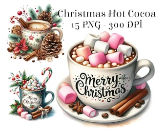 Christmas Coffee Clipart PNG Bundle, Watercolor Hot Cocoa Clipart, Cozy Christmas Mug PNG, Holiday Drink Clipart, Commercial Use
