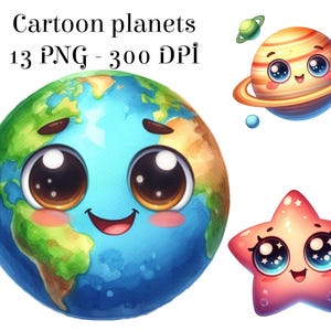 Ensemble de clipart planètes dessin animé aquarelle, clipart pour enfants, planètes 13 PNG, étoile, comète, soleil, terre, Saturne, Jupiter PNG, téléchargement immédiat