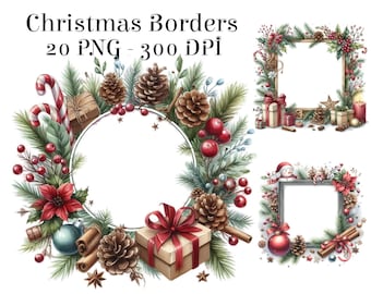 Christmas Frame Clipart, Watercolor Christmas Border PNG, Holiday Frame, Winter Floral Border, Christmas Wreath Frame, Invitation PNG