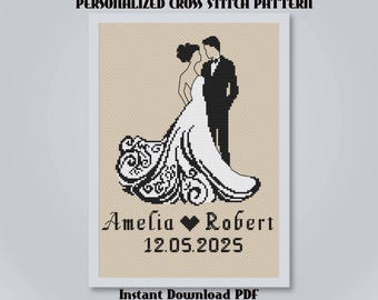 Personalized Wedding Cross Stitch Pattern, Custom Bride and Groom Silhouette, Couple Portrait, PDF Download, Romantic Gift