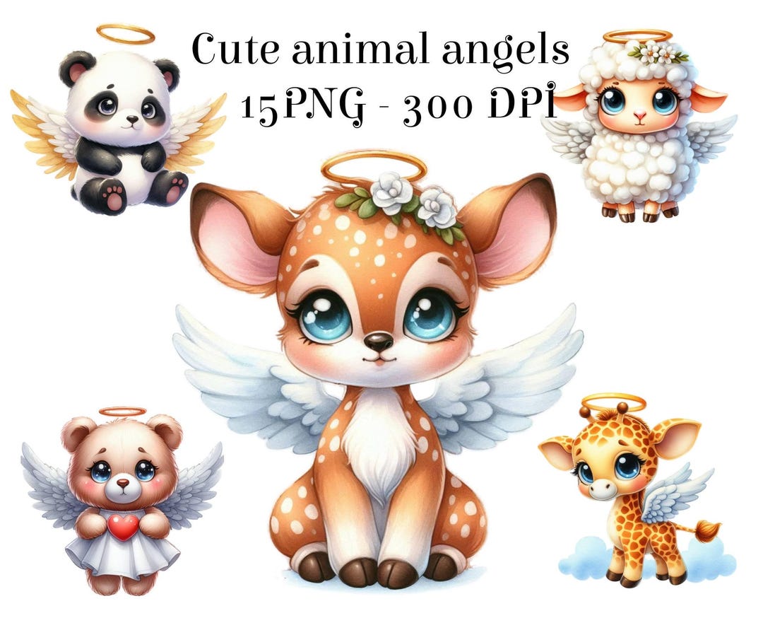 Watercolor Animals Angels Clipart, 15 PNG Animals Clipart, Cute Baby ...