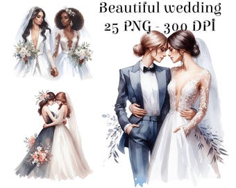 Watercolor Lesbian Wedding Clipart: LGBT Bride and Bride 25 PNG (Digital Download). Homosexuales, stickers