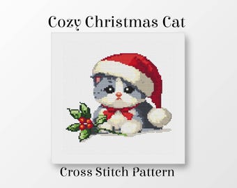 Cozy Christmas Kitten Cross Stitch Pattern, Santa Hat Cat Embroidery (PDF Download)