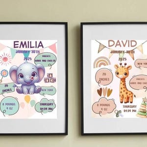 Personalized Birth Information Print, Cute Animal Poster, Baby Name Print, Birthday Gift, Christening Gift, Newborn Baby Gift