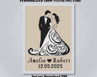 Personalized Wedding Cross Stitch Pattern, Custom Bride and Groom Silhouette, Couple Portrait, PDF Download, Romantic Gift