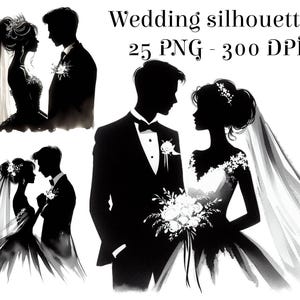 25 PNG akwarela ślub clipart, elementy ślubu png, pan młody, panna młoda, sylwetka ślubu, szczęśliwa para, miłość, czarno-biały clipart
