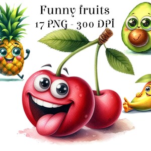 Funny Fruits, Fruit graphics, Cute Fruits, Cute Fruits PNG, Transparent PNGs, Watercolor Cute Fruits, Summer Fruits, Commercial use