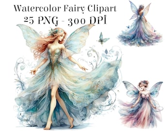 Watercolor Fairy Clipart Bundle, 25 Fairy PNG Files, Fantasy Fairy Clipart, Enchanted Fairy Graphics, Magical Fairy PNG, Commercial Use